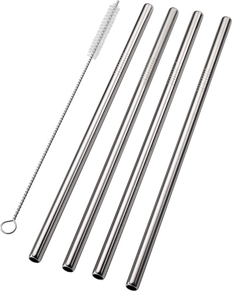 Doodadeals 4 Metalen Rietjes – Cocktail Frisdrank Herbruikbaar – RVS – Met Schoonmaakborstel