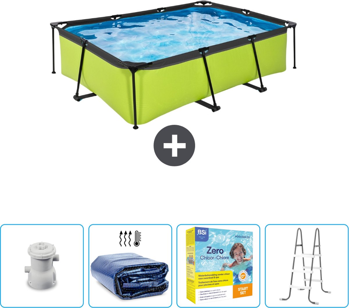 EXIT Rechthoekig Lime Frame Zwembad - 220 x 150 x 65 cm - Inclusief Pomp Solarzeil - Onderhoudspakket - Ladder - Nu extra voordelig