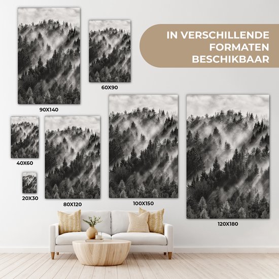 Peinture sur toile - Arbres - Brouillard - Forêt - Paysage - Peintures sur toile - 20x30 cm - Photo sur toile - Canvasdoek