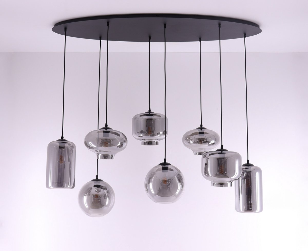 Hanglamp ovaal Baco Smoke - rookglas - 8lichts 140cm