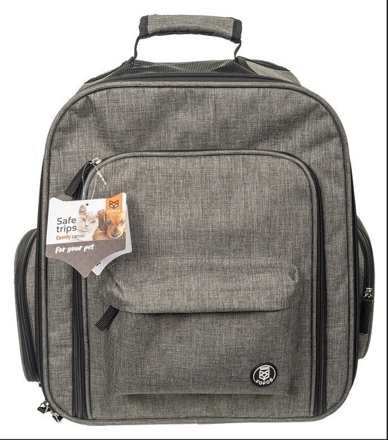 Grijze Fofos-rugzak met een label waarop 'Safe trips - Comfy carrier for your pet' staat.