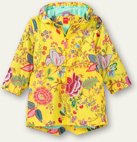Gele jas met capuchon en een kleurrijke bloemenprint in roze, blauwe en rode tinten. Ritssluiting met een felroze treklus.