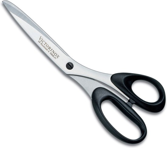 Victorinox huishoudschaar met zilverkleurig staal en zwarte handvatten.