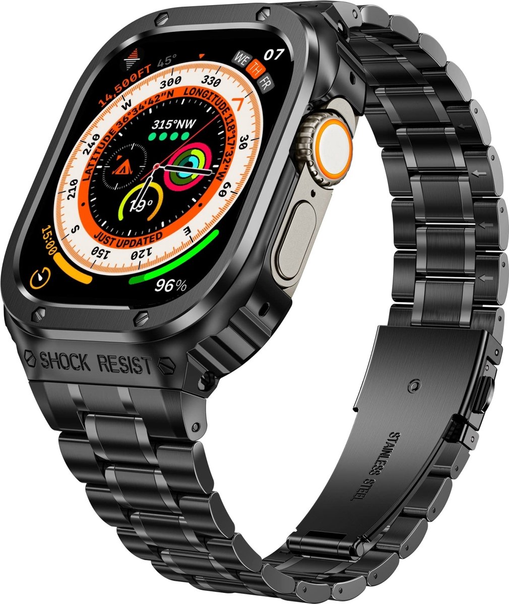 By Qubix - Ultra Protective Stainless Steel band - Zwart - Geschikt voor Apple watch 45mm