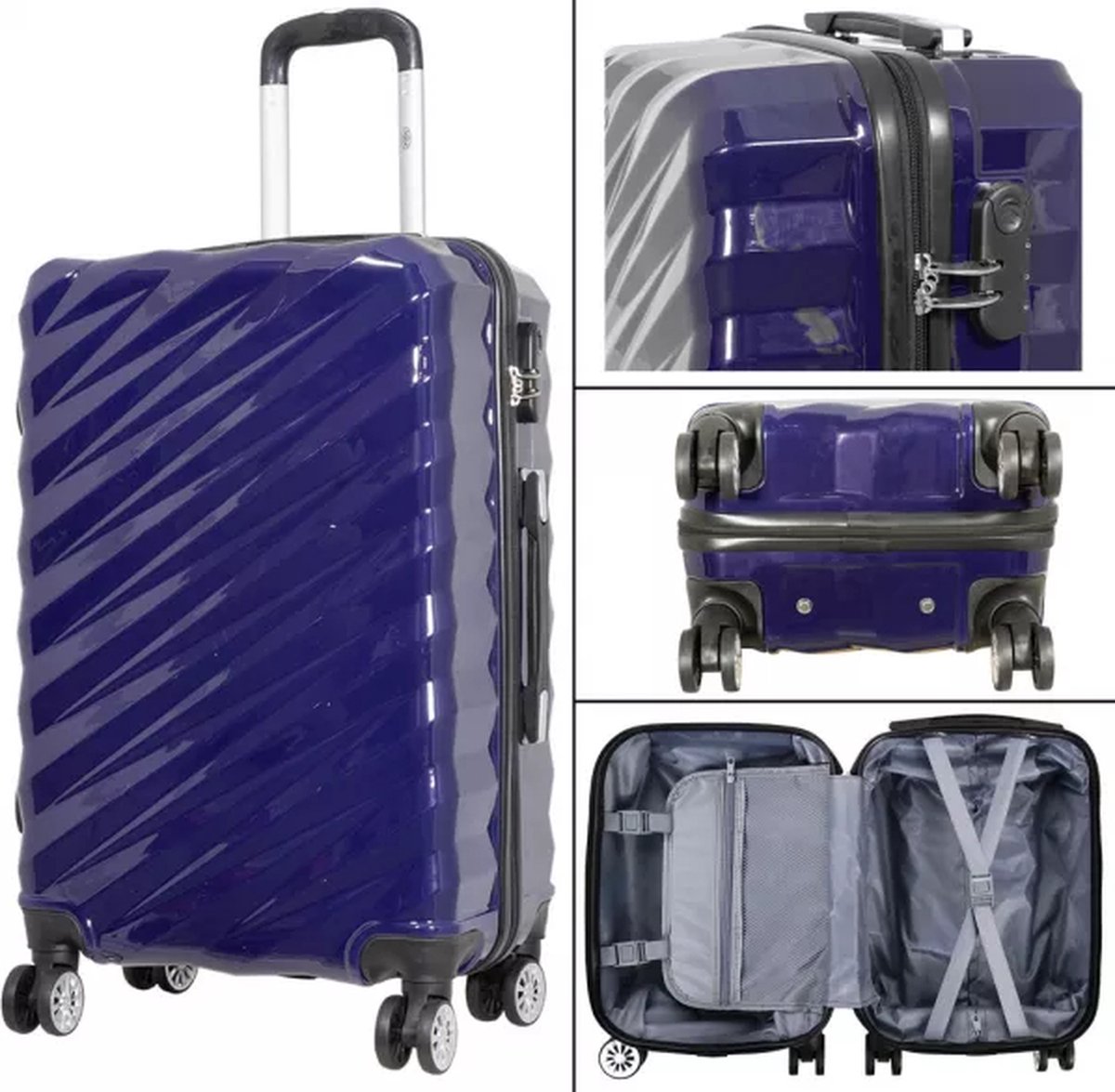 Koffer Messina maat M - Reiskoffer met cijferslot op 4 dubbele zwenkwielen - Polycarbonaat - Messina - Blauw - ca. 66x43x27 cm - Ruimbagage