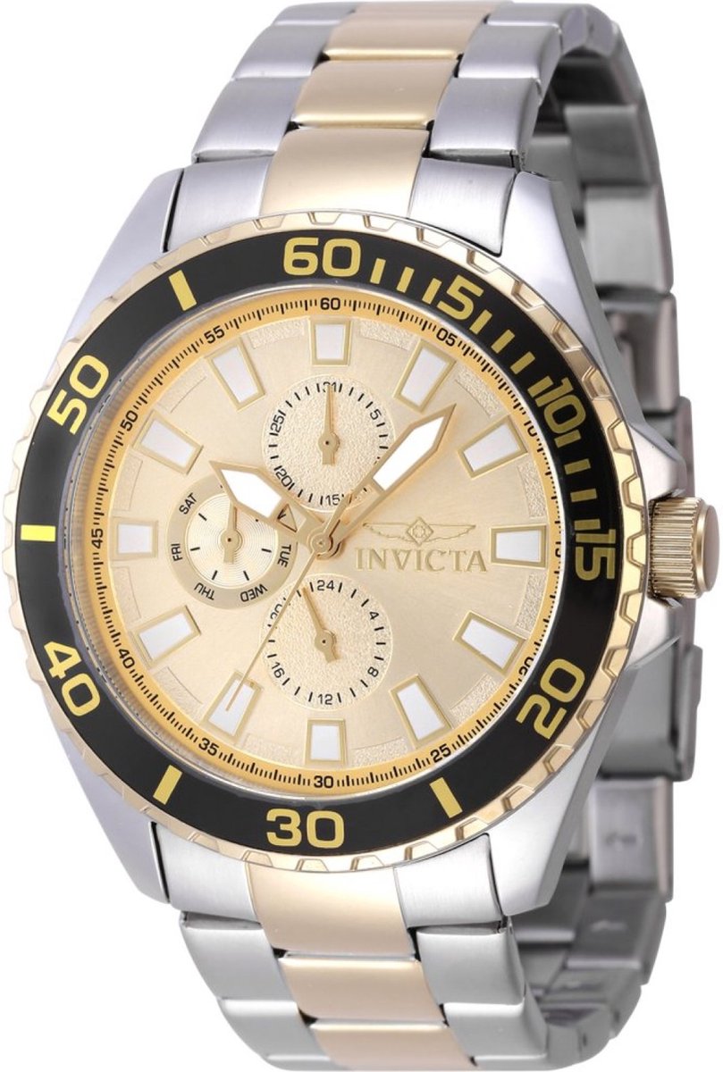 Invicta Pro Diver 47579 Heren Horloge - Waterdicht - Analoog - Quartz Uurwerk - Roestvrij Staal met gouden Wijzerplaat - 46mm