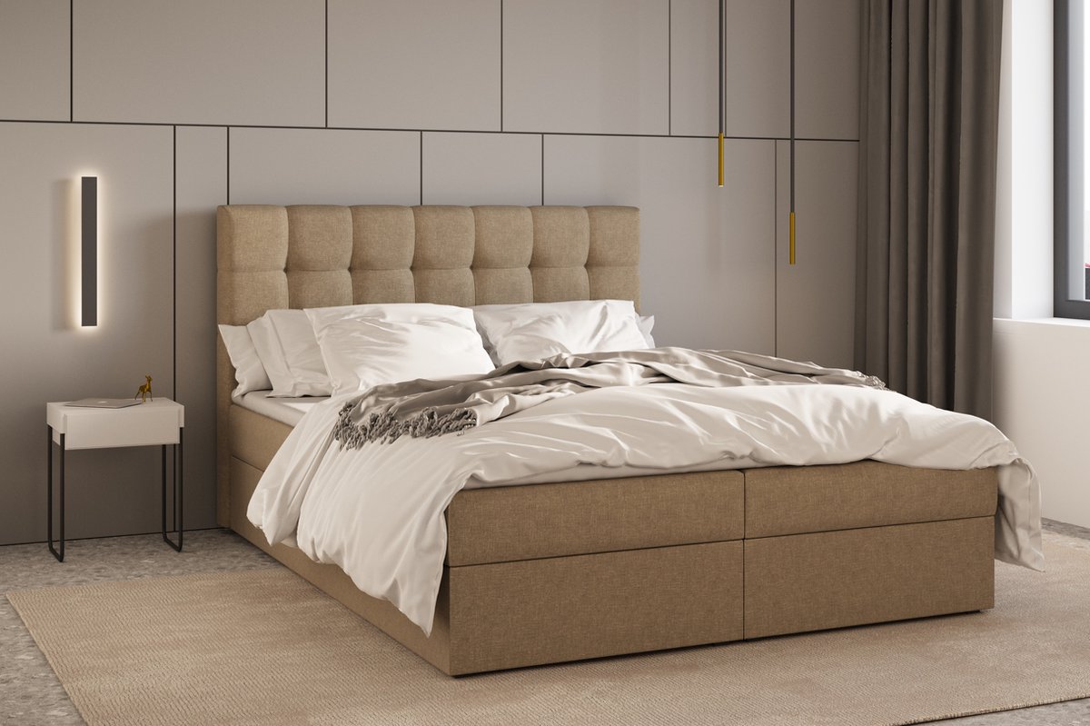 AJE Meubles B.V. Boxspring Bed 05 - Luxe en Comfort - Inclusief Topmatras - Verkrijgbaar in Meerdere Maten - Boxspringbed 05 (Cappuccino - Hugo 23, 180x200 cm)