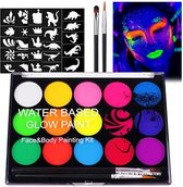 URAQT Face Paint Kit, 15 Kleuren Neon Fluorescentie Schmink Palet met 2 Borstels 40 Stencils, UV Glow Schmink Veilige Bodypainting Voor Volwassenen Kinderfeestje Carnaval, Make-up Verf Niet Giftig in Gebruik