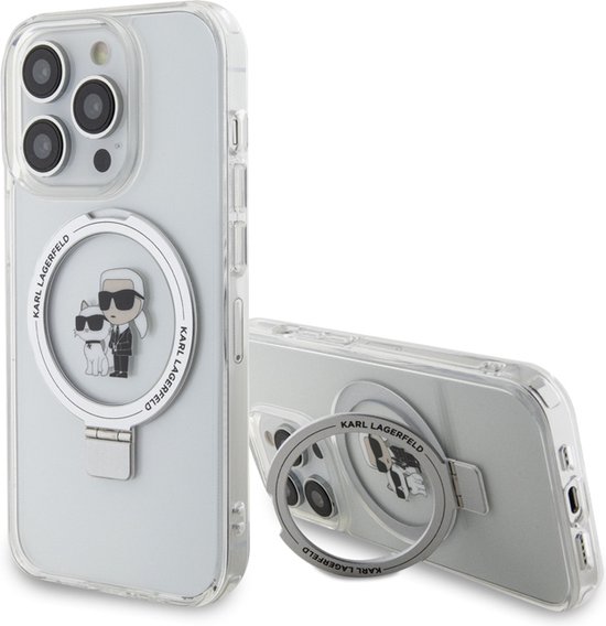 Karl Lagerfeld, Coque Magsafe adaptée pour Apple iPhone 15 Pro Max TPU Ring Stand Karl et Choupette, Transparent
