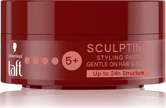 Donkerrode pot Taft Sculpting Styling Paste met 5+ fixatie en 24u structuur.