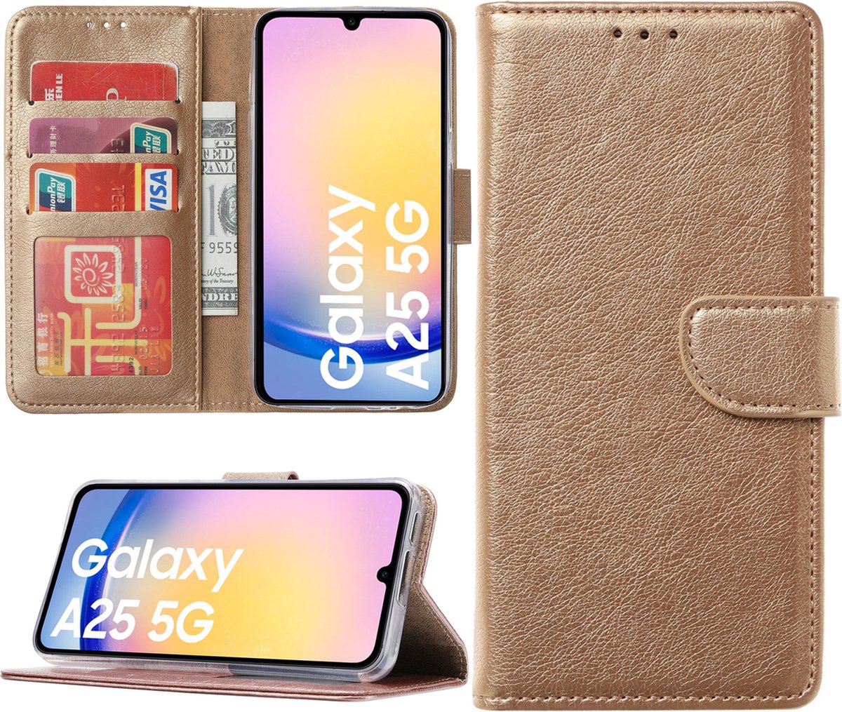 Hoesje geschikt voor Samsung Galaxy A25 bookcase met pasjeshouder - Goud