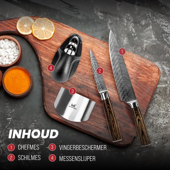Master Knives Koksmes 20 cm + Groentemes – Met Slijper en Vingerbeschermer – Vlijmscherp Messenset - Keukenmessen