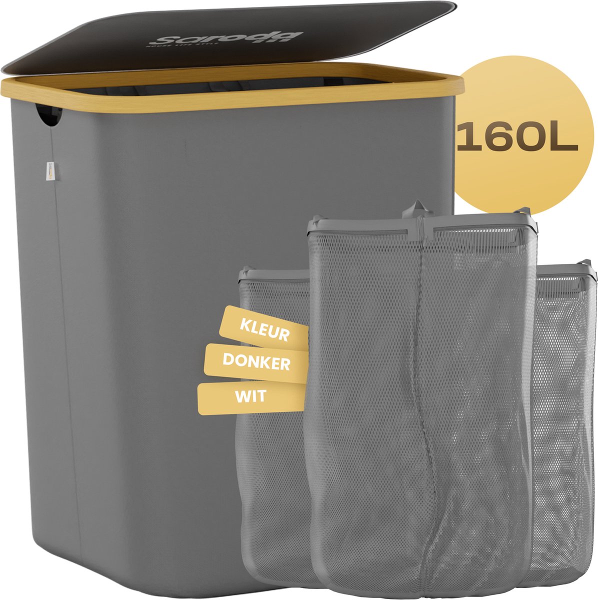 Goedkoopste Saroda Wasmand 3 Vakken - Wasmanden - Met Deksel - Wassorteerder - Laundry Basket - Bag - Wasbox - 160L - Grijs