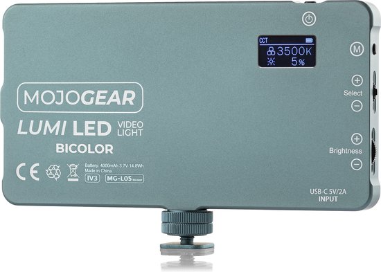 MOJOGEAR Lumi Bicolor LED-lamp Medium - 12 Watt - Stevig metaal - 4.000 mAh batterij - Wit/geel licht - Krachtige lamp voor camera/studio/video - Grijs