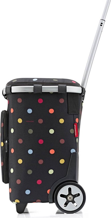 Zij aanzicht van zwarte boodschappentrolley met veelkleurige stippen, wielen en handvat.