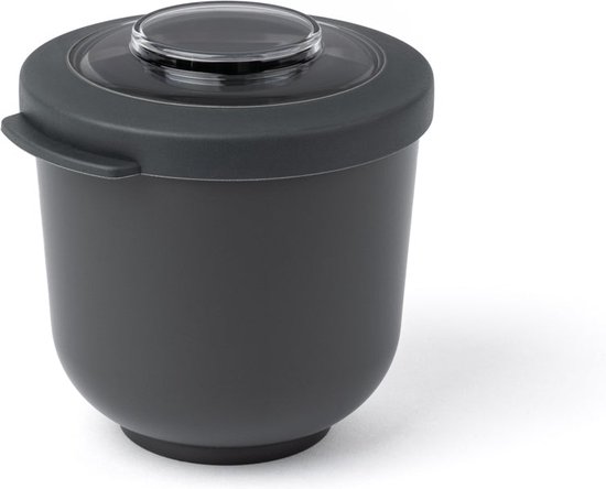 Boîte de rangement gris foncé avec couvercle, debout sur un fond blanc.