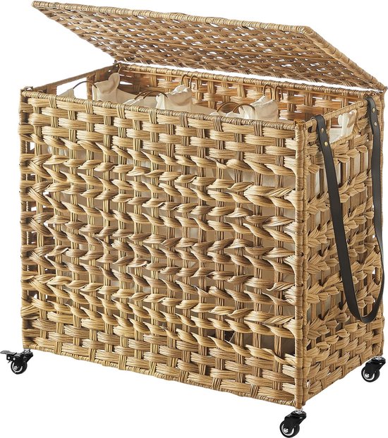 Songmics Wasmand Met 3 Vakken, 150 L, Wasmand Met De Opvouwbaar Afneembare Waszak Oxford Stof Bamboe Handvatten 60 X 38 5 X 70 5 Cm Duifgrijs 769396311