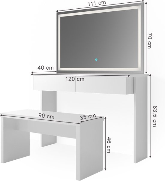Vicco Kaptafel Zwart 120 cm met LED-spiegel en kruk, Omira | met LED spiegel & kruk