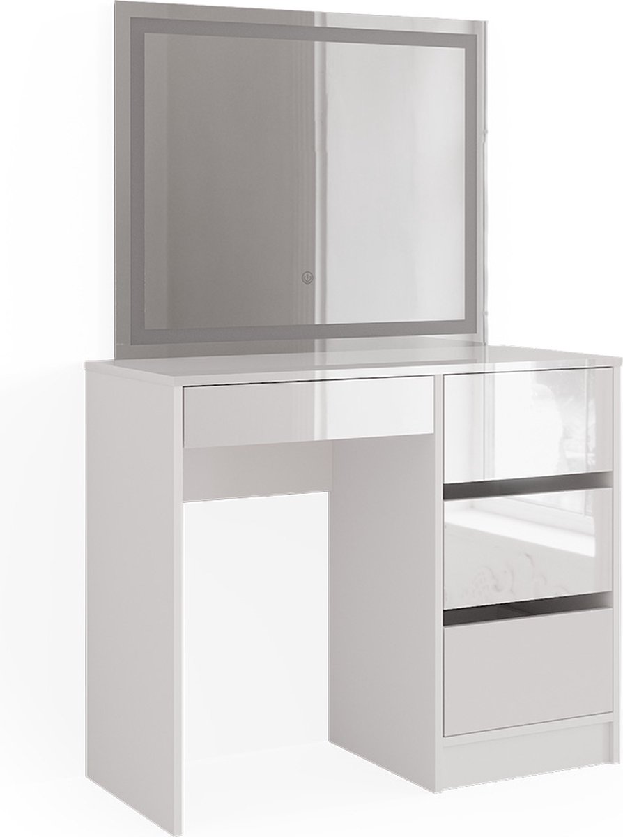 Vicco Kaptafel met licht Sherry, Wit Hoogglans, 90 cm met LED-spiegel