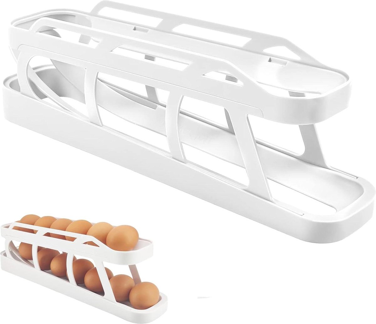 2-laags rollende eierdispenser ruimtebesparende eierlade eierrek eieropbergcontainer anti-slip bodem eierorganizer aanrecht wit