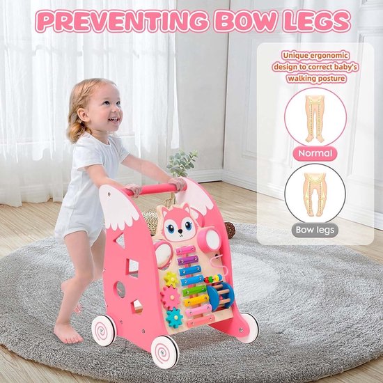 VITONIS Montessori Push Walker voor kinderen, hout, loopwagen met 8 interactieve spellen, cadeau voor kinderen en meisjes