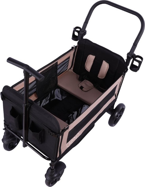 Cabino Waggie Bolderkar Opvouwbaar Met 2 Zitjes - Inclusief Duwstang, Trekbeugel & Drinkbeker - Max. 44 kg - Zwart / Taupe — afbeelding 5