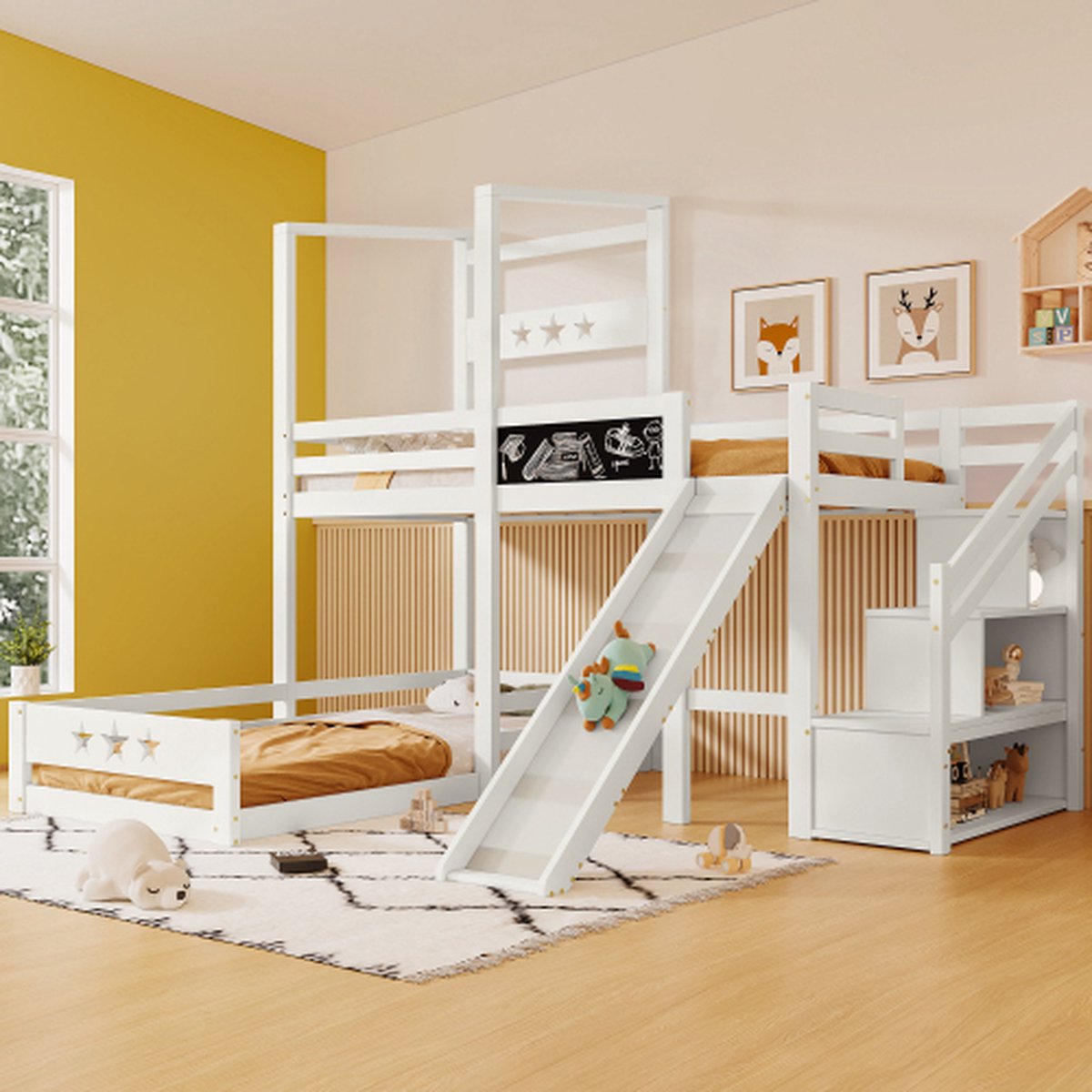 Stapelbed Voor Kinderen 140*200, Gezinsbed Voor Kinderen, Met Trap Massief Houten Stapelbedframe Wit