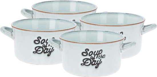 Vier lichtblauwe soepkommen met oor, elk met de tekst "Soup of the Day" in zwarte letters.