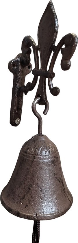 Landelijke Gietijzer Deurbel Gong met Franse Lelie (klein 20 cm en lang touw)