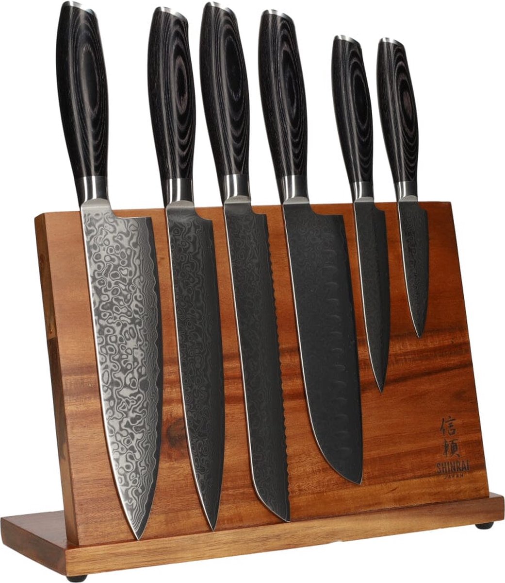 Damast Pakka Wood 6-Delige Messenset + Magnetisch Messenblok