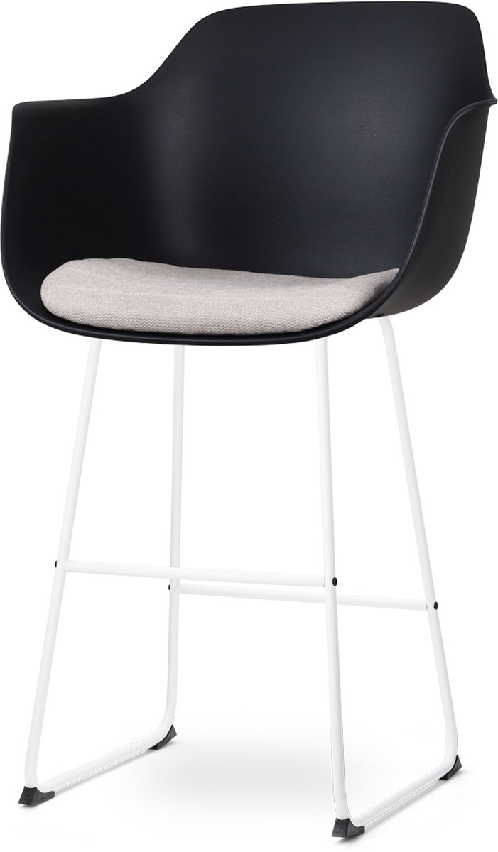 Nolon Nino-Liz Barkruk Zwart met Beige Zitkussen - Armleuning - Kunststof - Wit Onderstel - 75 cm - Barstoel met Rugleuning