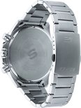 Achterkant van een zilverkleurig Casio Edifice herenhorloge met metalen band en gegraveerde details.