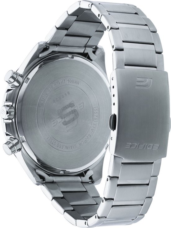 Achterkant van een zilverkleurig Casio Edifice herenhorloge met metalen band en gegraveerde details.