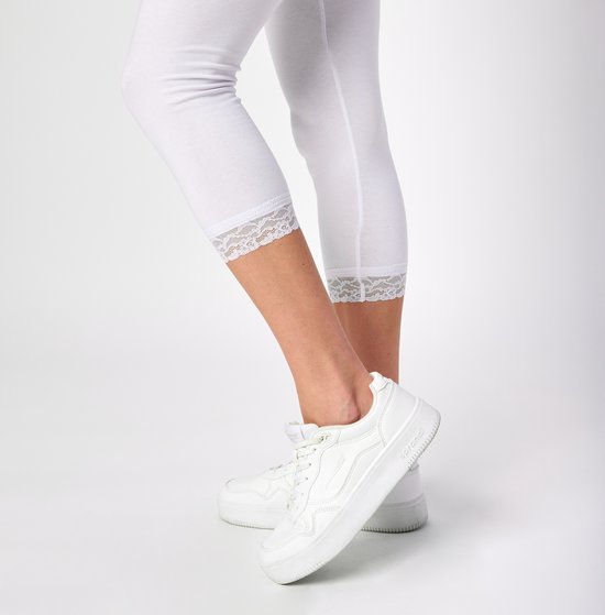 Merry Style MS-MS10-224-LE Dames Capri Leggings met Kant - Sport - Vrijetijdsbroek - 3/4 Lengte - Katoen - Wit - 3XL