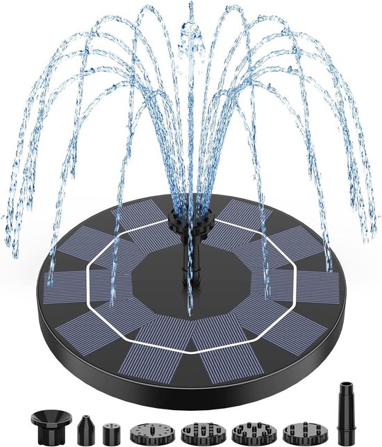 AMZtime 3W outdoor solar fontein op zonne-energie met 6 sproeiers - 180 mm zonnepaneel - 1200 mAh batterij - drijvende waterfontein - vogelbaden aquaria - vijvers tuinen Solar Fontein