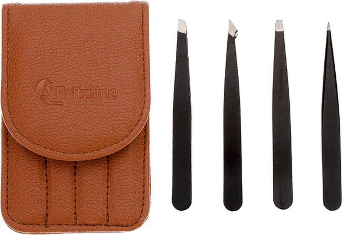 Goedkoopste Fritzline 4 delige Luxe Pincet Set met Leren Etui - Epileer Pincetten - Tweezer - Wenkbrauw - Ontharen - Epileren - Ontharing