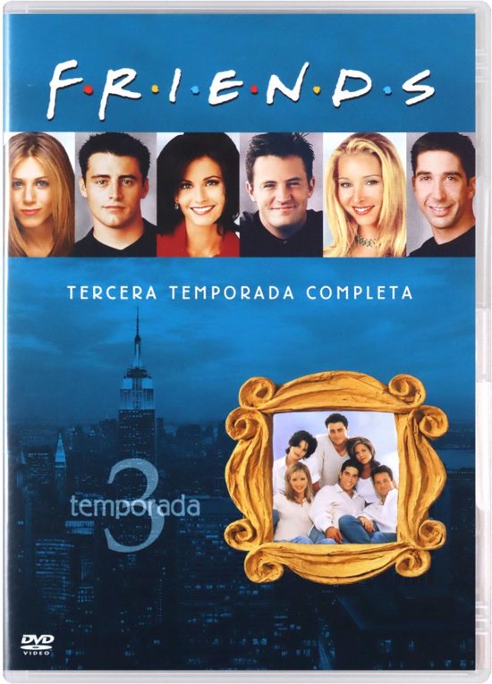 Friends DVD-hoes Seizoen 3, met de hoofdrolspelers en de tekst "FRIENDS".