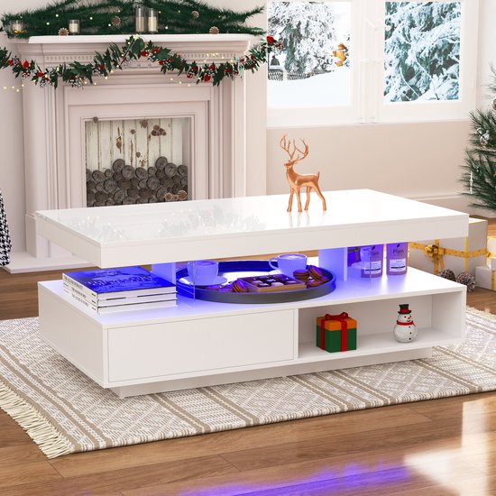 Sweiko Witte hoogglans salontafel 95x50x42.5 cm, 4 glazen werkbladen, 2 lades en 2 open vakken, Woonkamer tafel, sofa tafel, basiskast voor woonkamer