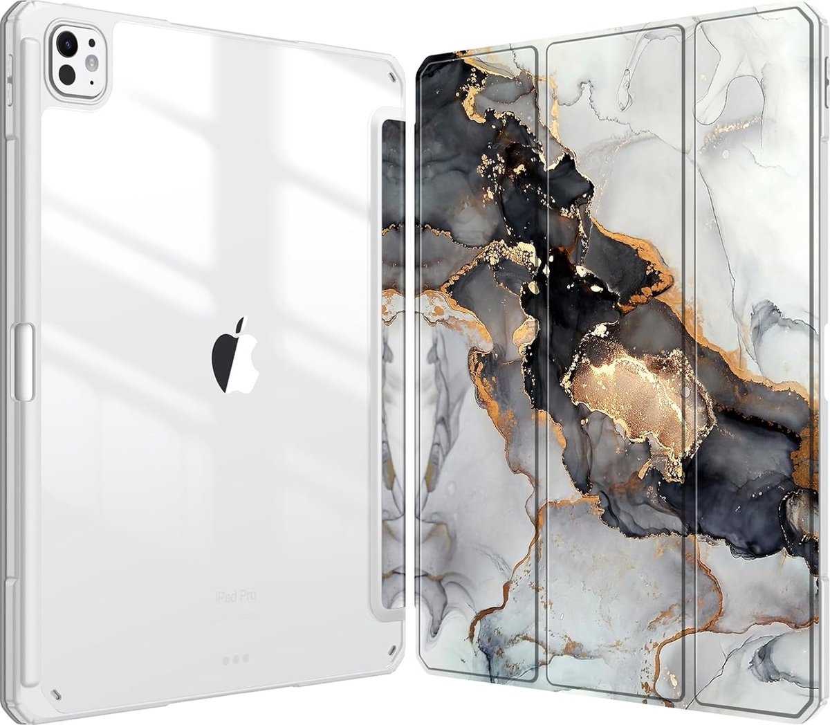 Geschikt voor Apple iPad Pro 13 inch (M4) 2024 - Book Case - Schokbestendige Hoes Met Doorzichtige Transparante Achterkant - Ingebouwde potloodhouder - Zwart Marmer