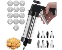 Gebakpers, banketbakker, banketmachine met 13 sjablonen en 8 spuitmonden voor decoraties, koekjespers met groot vulvolume, banketbakker (zilver)
