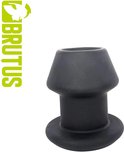Zwarte siliconen tunnel plug met Brutus logo, taps toelopende vorm en platte basis.