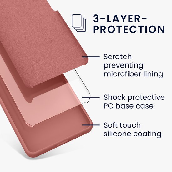 Detail van roze telefoonhoesje met "3-LAYER-PROTECTION" tekst: microvezel voering, schokbestendige basis, siliconen coating.