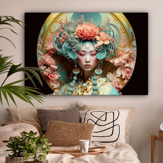 Une peinture d'une femme asiatique avec une grande coiffe florale dans des tons pastel et bleus.