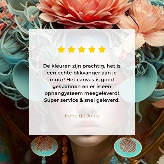 Gros plan d'une peinture d'une femme asiatique avec une coiffe florale et un avis de 4 étoiles.