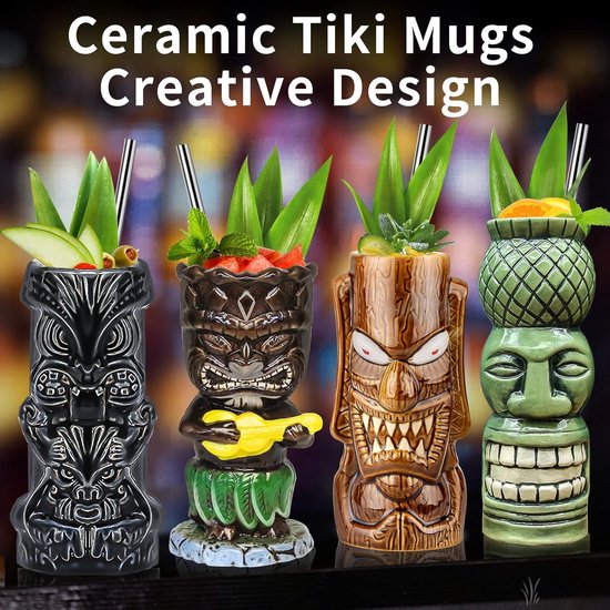 Vinbcorw Tiki Cup Set, 4/8 Stuks Tiki Glazen voor Cocktails Tropische Keramische Kopjes Hawaii Tiki Party Creatieve Cocktail Glazen Bar Drinkware Premium Tropische Exotische Barware,C