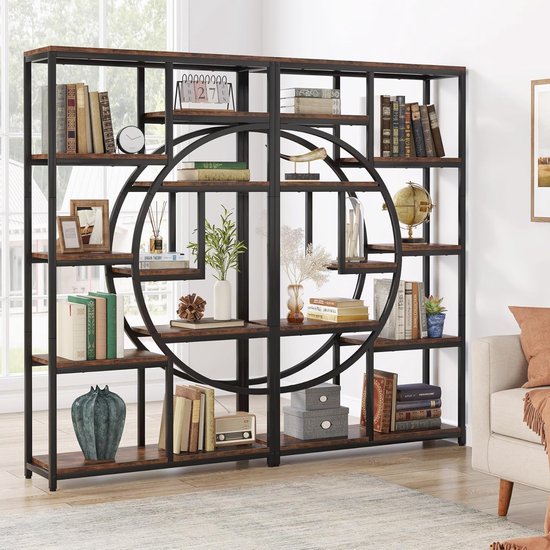 Bruin en zwart, 5-laags industrieel boekenrek met metalen frame en houten planken, decoratief cirkelontwerp.