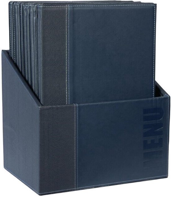 Blauwe menubox met 'MENU' logo, menumappen met gestreepte zijstrook.