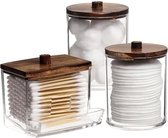 Porte-coton avec couvercle - 3 pièces - Distributeur de coton - Pot à coton - Porte-bâtonnets d'oreille - Porte-coton - Porte-coton - Rangement pour sièges-auto - Organisateur de maquillage - Accessoires de salle de bain - En bois