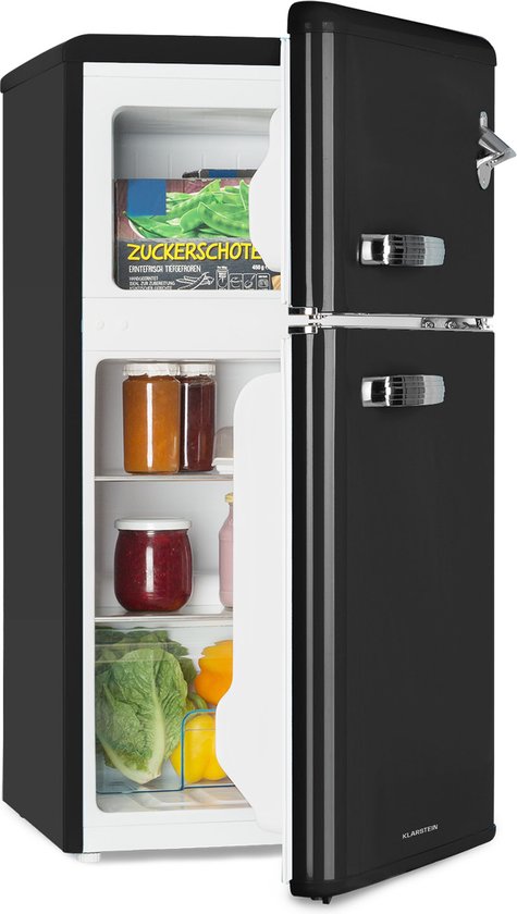 Klarstein Irene Koel-vriescombinatie - 85 Liter - 61 Liter koelkast & 24 Liter vriesvak - 2 Schappen - Groentevak - Koeltemperatuur: 0-10 °C - Vriestemperatuur: -18 °C - 41 dB - EEK: E - Jaren 50 Retro Look - Deur met flesopener - Zwart