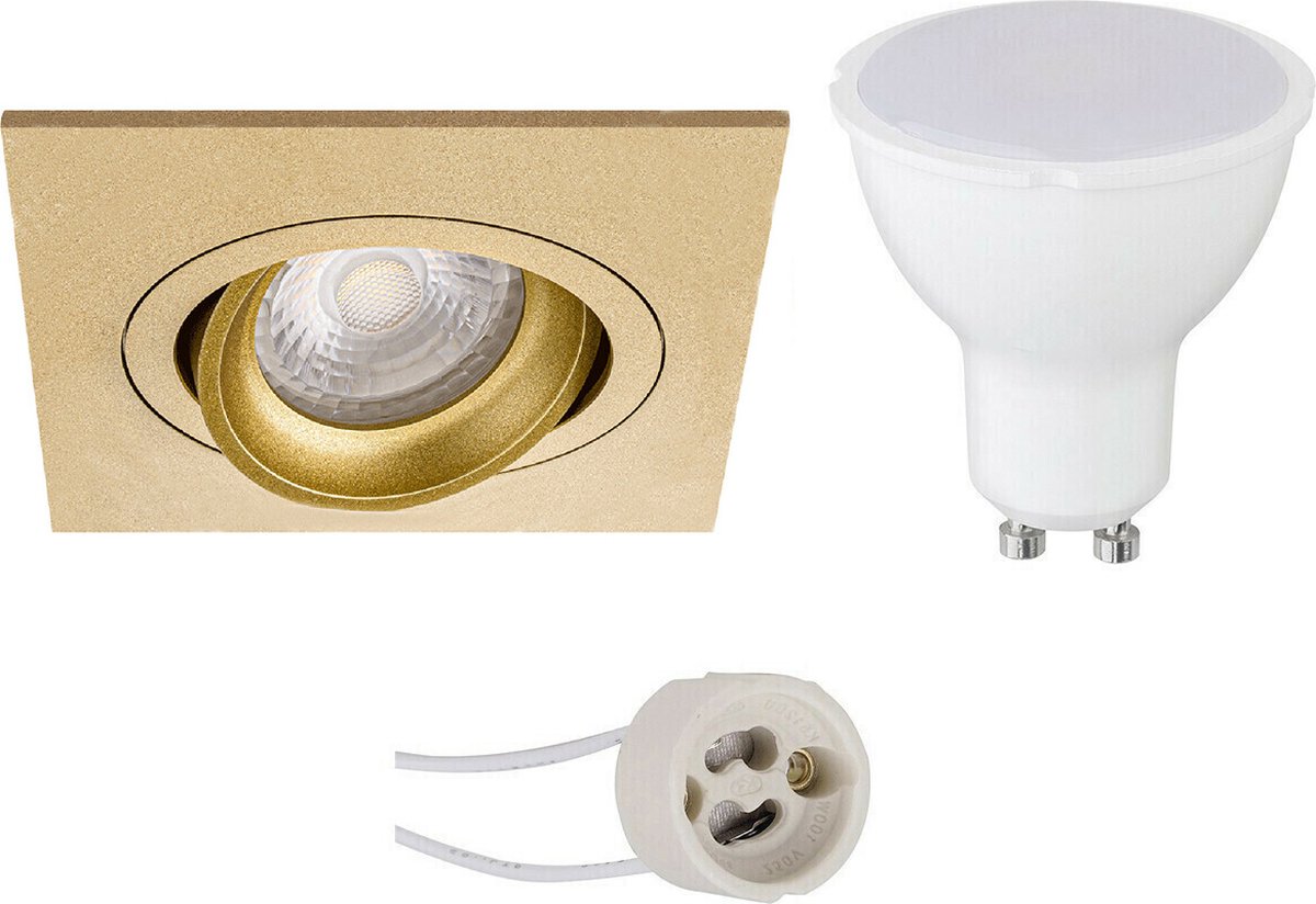 BES LED Spot Set Aigi Pragmi Borny Pro GU10 Fitting Inbouw Vierkant Mat Goud 6W Warm Wit 3000K Kantelbaar 92mm